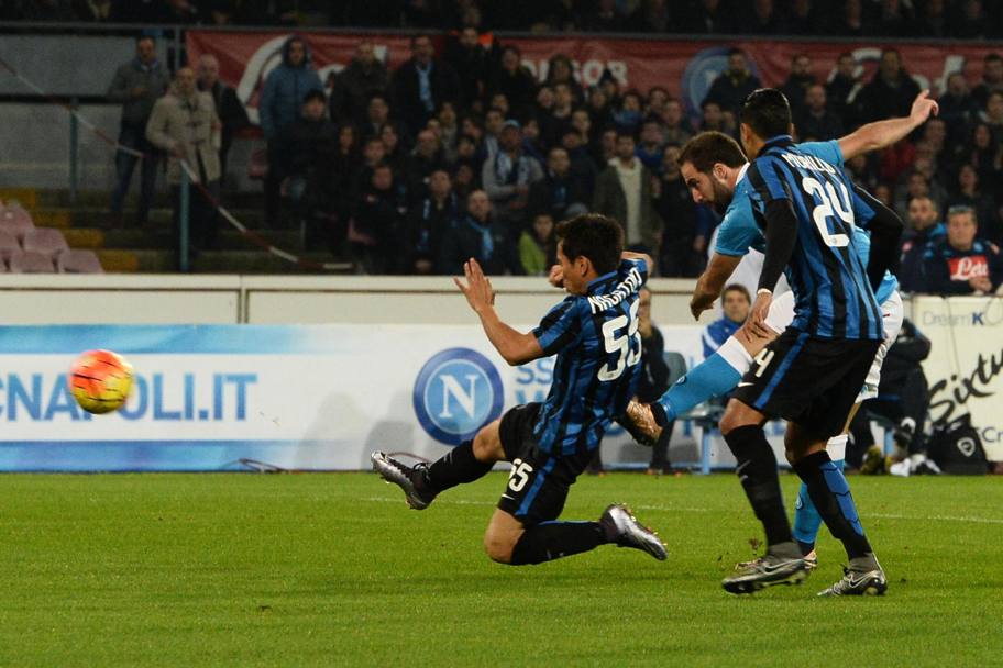 Il gol dell’1-0 per il Napoli realizzato da Gonzalo Higuain. Ansa